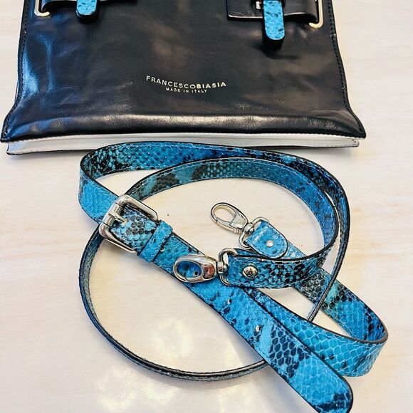 Vintage Francesco Biasia Black Leather Crossbody Bag Blue Python Strap Y2K Italy - Picture 5 of 16